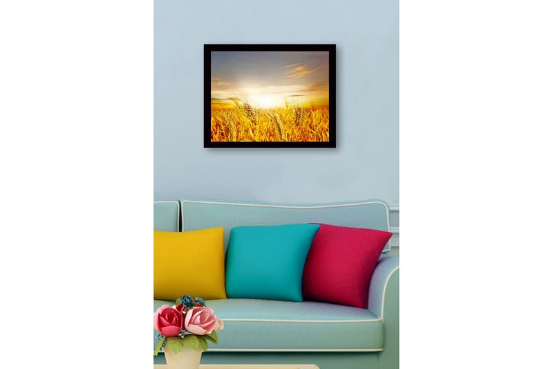 Innrammet lerretsbilde i tre - 41x56 cm - Gyldne hveteåkre under soloppgang - Gull / Oransje / Lyseblå - Interiør - Maleri & posters - Lerretsbilder