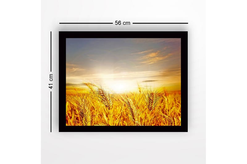 Innrammet lerretsbilde i tre - 41x56 cm - Gyldne hveteåkre under soloppgang - Gull / Oransje / Lyseblå - Interiør - Maleri & posters - Lerretsbilder