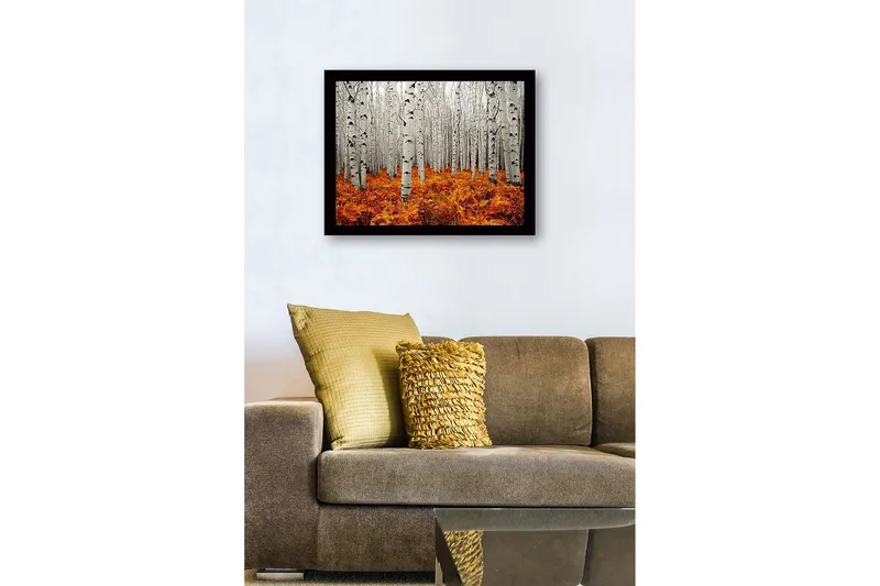 Innrammet lerretsbilde i tre - 41x56 cm - Høstskog med bjørker og gyldne bregner - Hvit / Oransje - Interiør - Maleri & posters - Lerretsbilder