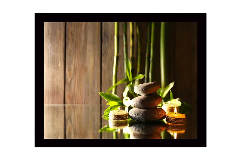 Innrammet lerretsbilde i tre - 41x56 cm - Harmonisk komposisjon av steiner og bambus med stearinlyslykter, Grå / Grønn / Beige