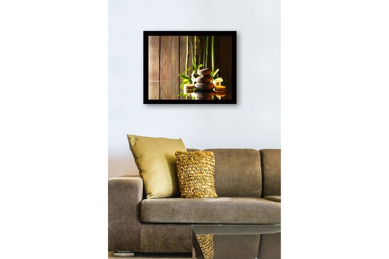 Innrammet lerretsbilde i tre - 41x56 cm - Harmonisk komposisjon av steiner og bambus med stearinlyslykter - Grå / Grønn / Beige - Interiør - Maleri & posters - Lerretsbilder