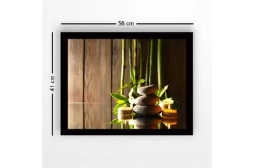 Innrammet lerretsbilde i tre - 41x56 cm - Harmonisk komposisjon av steiner og bambus med stearinlyslykter - Grå / Grønn / Beige - Interiør - Maleri & posters - Lerretsbilder