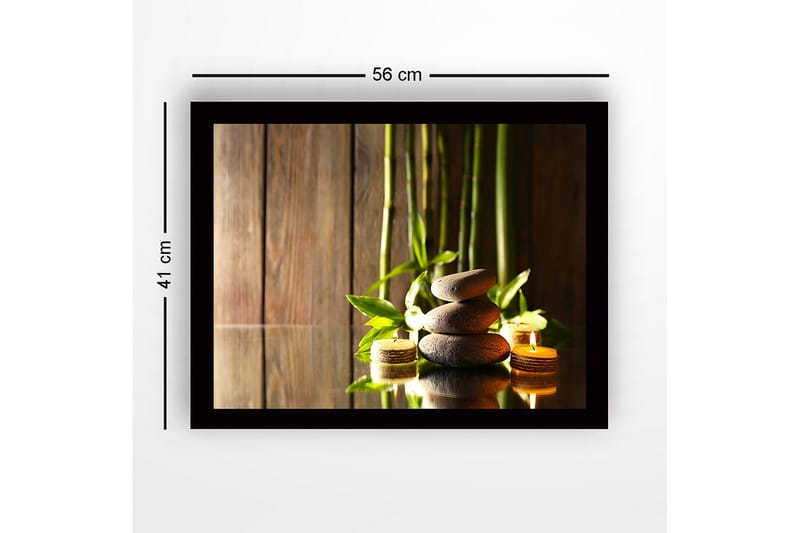 Innrammet lerretsbilde i tre - 41x56 cm - Harmonisk komposisjon av steiner og bambus med stearinlyslykter - Grå / Grønn / Beige - Interiør - Maleri & posters - Lerretsbilder