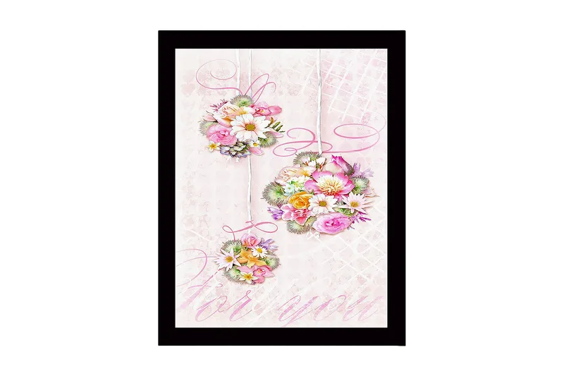 Innrammet lerretsbilde i tre - 41x56 cm - Hengende blomsterbuketter i pastellfarger, Rosa / Grønn / Gul