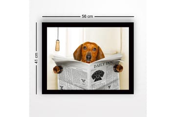 Innrammet lerretsbilde i tre - 41x56 cm - Hund som leser avisen DAILY DOG - Brun / Svart / Hvit - Interiør - Maleri & posters - Lerretsbilder