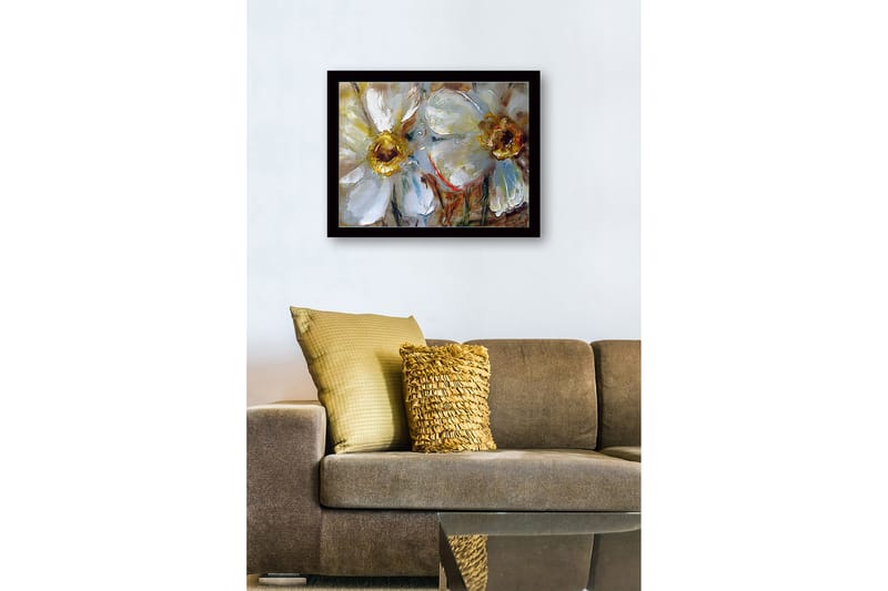 Innrammet lerretsbilde i tre - 41x56 cm - Hvite blomster med gyldne sentre - Hvit / Gull / Grønn - Interiør - Maleri & posters - Lerretsbilder