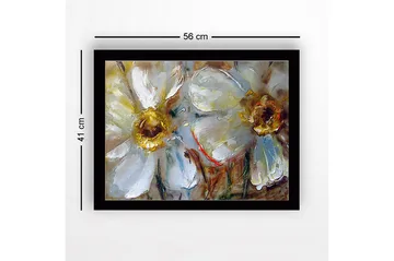 Innrammet lerretsbilde i tre - 41x56 cm - Hvite blomster med gyldne sentre - Hvit / Gull / Grønn - Interiør - Maleri & posters - Lerretsbilder