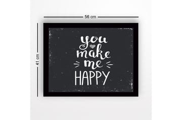 Innrammet lerretsbilde i tre - 41x56 cm - Inspirerende tekst med budskapet you make me happy - Hvit / Svart - Interiør - Maleri & posters - Lerretsbilder