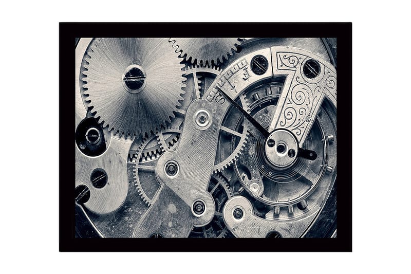Innrammet lerretsbilde i tre - 41x56 cm - Intrikat urverk med gir og mekaniske detaljer, Sølv / Grå