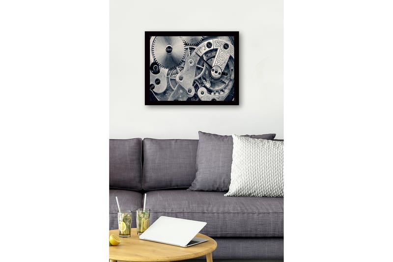 Innrammet lerretsbilde i tre - 41x56 cm - Intrikat urverk med gir og mekaniske detaljer - Sølv / Grå - Interiør - Maleri & posters - Lerretsbilder