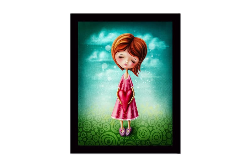 Innrammet lerretsbilde i tre - 41x56 cm - Jente som holder et hjerte i hendene, Turkis / Rosa / Grønn