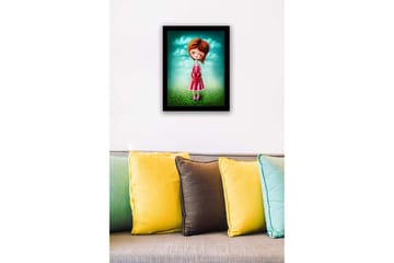 Innrammet lerretsbilde i tre - 41x56 cm - Jente som holder et hjerte i hendene - Turkis / Rosa / Grønn - Interiør - Maleri & posters - Lerretsbilder