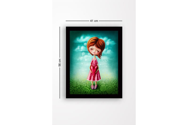 Innrammet lerretsbilde i tre - 41x56 cm - Jente som holder et hjerte i hendene - Turkis / Rosa / Grønn - Interiør - Maleri & posters - Lerretsbilder