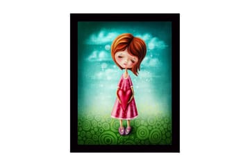 Innrammet lerretsbilde i tre - 41x56 cm - Jente som holder et hjerte i hendene - Turkis / Rosa / Grønn - Interiør - Maleri & posters - Lerretsbilder