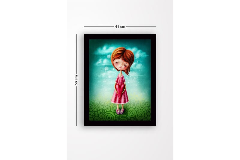 Innrammet lerretsbilde i tre - 41x56 cm - Jente som holder et hjerte i hendene - Turkis / Rosa / Grønn - Interiør - Maleri & posters - Lerretsbilder