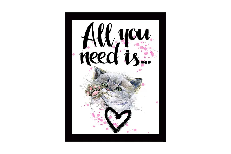 Innrammet lerretsbilde i tre - 41x56 cm - Katt med en pote som strekker seg fremover, Grå / Rosa / Svart