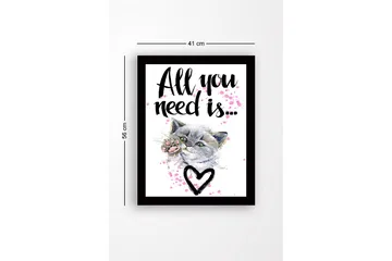 Innrammet lerretsbilde i tre - 41x56 cm - Katt med en pote som strekker seg fremover - Grå / Rosa / Svart - Interiør - Maleri & posters - Lerretsbilder