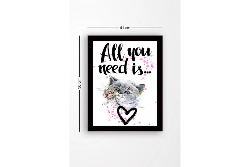 Innrammet lerretsbilde i tre - 41x56 cm - Katt med en pote som strekker seg fremover - Grå / Rosa / Svart - Interiør - Maleri & posters - Lerretsbilder