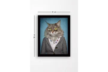 Innrammet lerretsbilde i tre - 41x56 cm - Katt med menneskeklær og uttrykksfulle ansiktstrekk - Grå / Blå / Gul - Interiør - Maleri & posters - Lerretsbilder