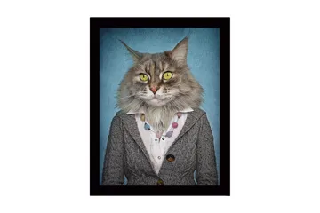 Innrammet lerretsbilde i tre - 41x56 cm - Katt med menneskeklær og uttrykksfulle ansiktstrekk - Grå / Blå / Gul - Interiør - Maleri & posters - Lerretsbilder