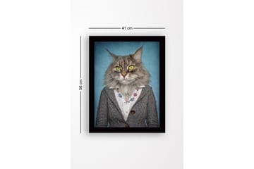 Innrammet lerretsbilde i tre - 41x56 cm - Katt med menneskeklær og uttrykksfulle ansiktstrekk - Grå / Blå / Gul - Interiør - Maleri & posters - Lerretsbilder