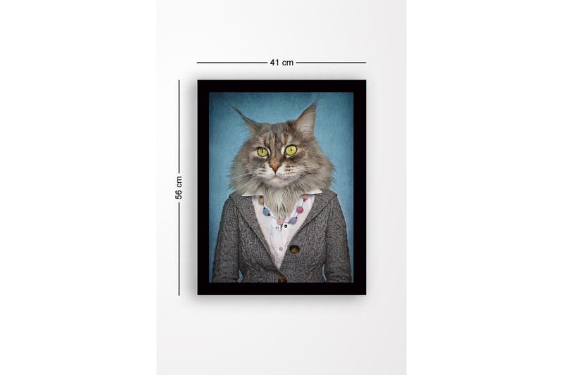 Innrammet lerretsbilde i tre - 41x56 cm - Katt med menneskeklær og uttrykksfulle ansiktstrekk - Grå / Blå / Gul - Interiør - Maleri & posters - Lerretsbilder