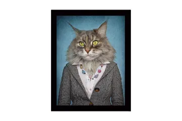 Innrammet lerretsbilde i tre - 41x56 cm - Katt med menneskeklær og uttrykksfulle ansiktstrekk - Grå / Blå / Gul - Interiør - Maleri & posters - Lerretsbilder