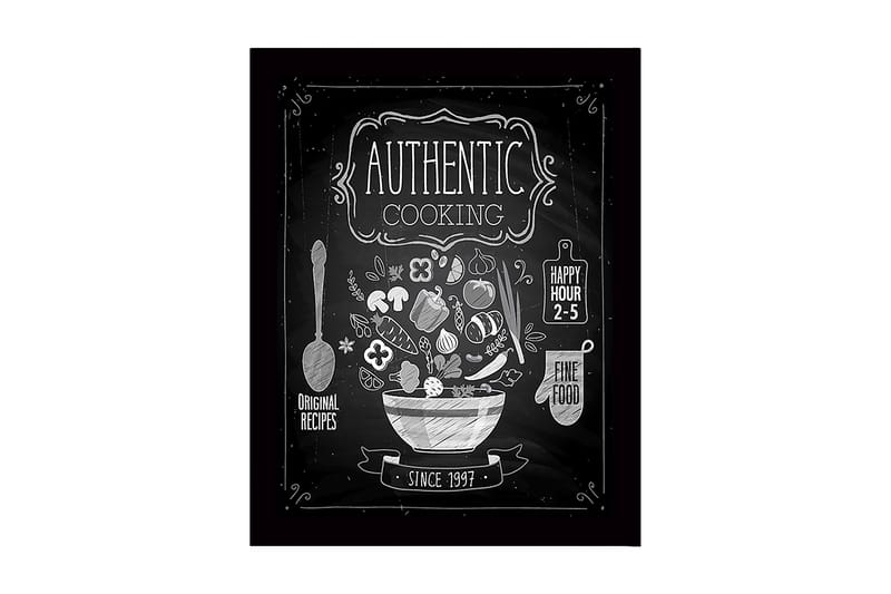 Innrammet lerretsbilde i tre - 41x56 cm - Kjøkkenskilt med en bolle fylt med grønnsaker og kjøkkenutstyr, Hvit / Svart