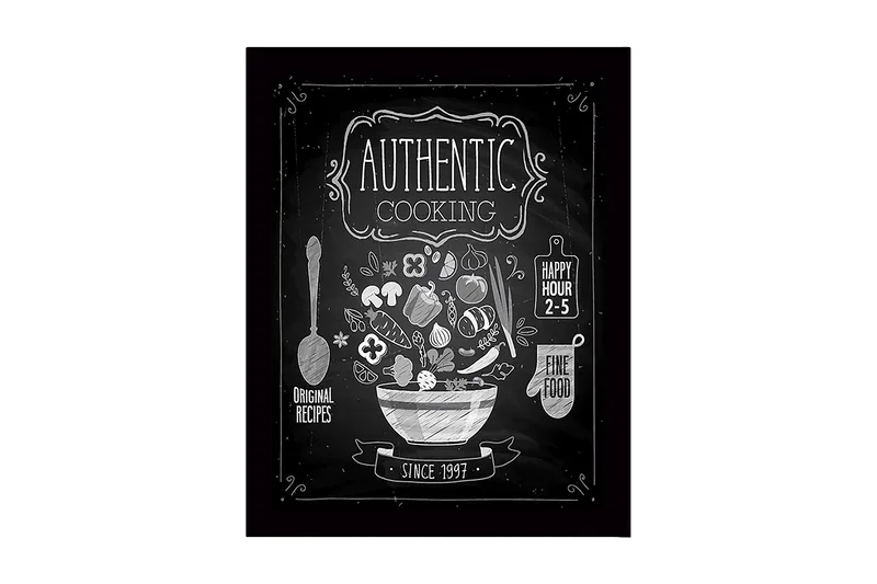 Innrammet lerretsbilde i tre - 41x56 cm - Kjøkkenskilt med en bolle fylt med grønnsaker og kjøkkenutstyr, Hvit / Svart