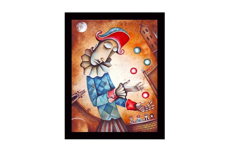 Innrammet lerretsbilde i tre - 41x56 cm - Klown sjonglerer fargerike baller, Rød / Blå / Beige
