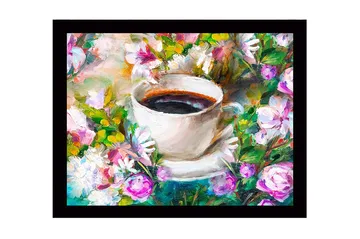 Innrammet lerretsbilde i tre - 41x56 cm - Kopp kaffe omgitt av fargerike blomster - Lilla / Grønn / Hvit - Interiør - Maleri & posters - Lerretsbilder