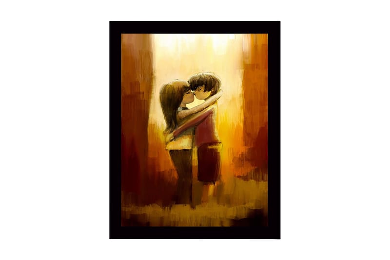 Innrammet lerretsbilde i tre - 41x56 cm - Krammende par i en romantisk omfavnelse, Gull / Brun / Beige