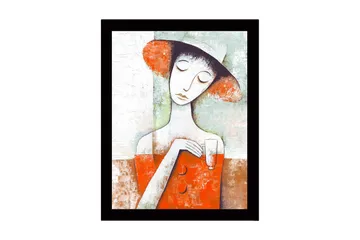 Innrammet lerretsbilde i tre - 41x56 cm - Kvinne med hatt som holder et glass i en fargerik komposisjon - Rød / Hvit / Grønn - Interiør - Maleri & posters - Lerretsbilder