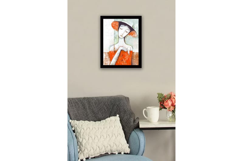 Innrammet lerretsbilde i tre - 41x56 cm - Kvinne med hatt som holder et glass i en fargerik komposisjon - Rød / Hvit / Grønn - Interiør - Maleri & posters - Lerretsbilder