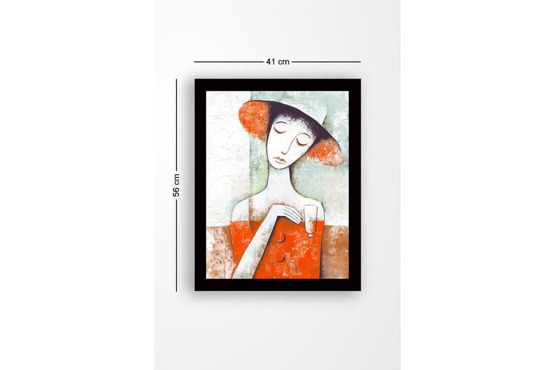 Innrammet lerretsbilde i tre - 41x56 cm - Kvinne med hatt som holder et glass i en fargerik komposisjon - Rød / Hvit / Grønn - Interiør - Maleri & posters - Lerretsbilder