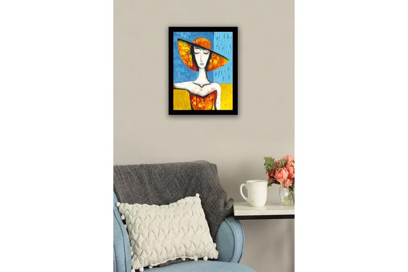 Innrammet lerretsbilde i tre - 41x56 cm - Kvinne med stor hatt i sterke farger - Oransje / Blå / Gul - Interiør - Maleri & posters - Lerretsbilder