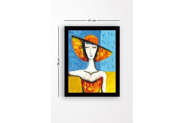 Innrammet lerretsbilde i tre - 41x56 cm - Kvinne med stor hatt i sterke farger - Oransje / Blå / Gul - Interiør - Maleri & posters - Lerretsbilder