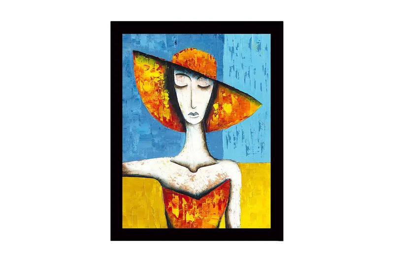 Innrammet lerretsbilde i tre - 41x56 cm - Kvinne med stor hatt i sterke farger, Oransje / Blå / Gul
