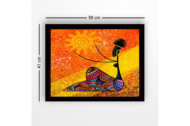 Innrammet lerretsbilde i tre - 41x56 cm - Kvinne som holder en sol med fargerike mønstre - Oransje / Svart / Gul - Interiør - Maleri & posters - Lerretsbilder