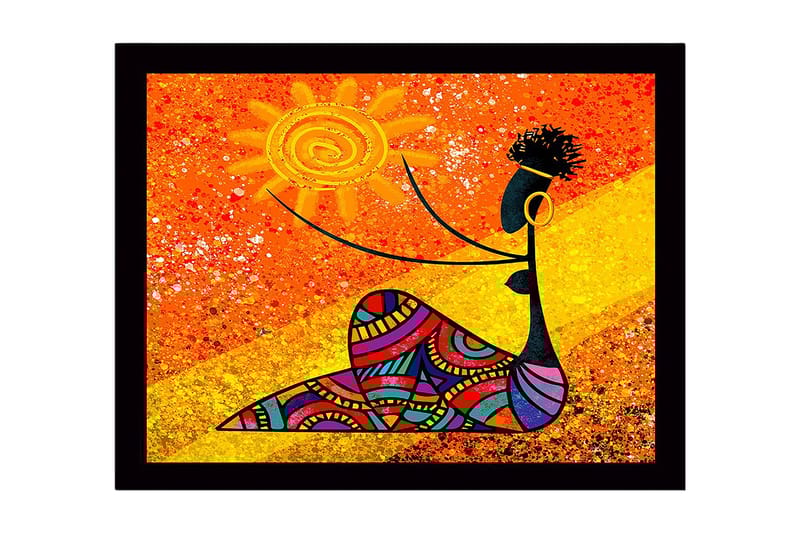 Innrammet lerretsbilde i tre - 41x56 cm - Kvinne som holder en sol med fargerike mønstre, Oransje / Svart / Gul