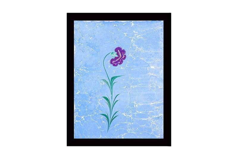 Innrammet lerretsbilde i tre - 41x56 cm - Lilla blomst med grønne blader på en lyseblå bakgrunn, Lilla / Grønn / Lyseblå