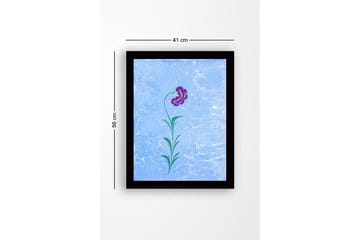 Innrammet lerretsbilde i tre - 41x56 cm - Lilla blomst med grønne blader på en lyseblå bakgrunn - Lilla / Grønn / Lyseblå - Interiør - Maleri & posters - Lerretsbilder