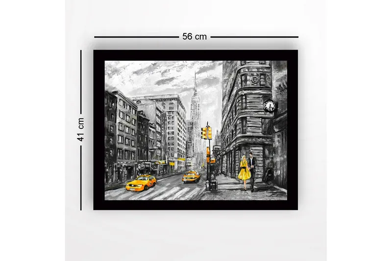 Innrammet lerretsbilde i tre - 41x56 cm - Livlig bybilde med en kvinne i gul kjole og gule drosjer - Gul / Svart / Grå - Interiør - Maleri & posters - Lerretsbilder