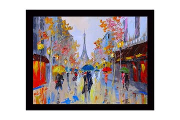 Innrammet lerretsbilde i tre - 41x56 cm - Livlig bybilde med folk som bærer paraplyer i regnet - Gul / Blå / Rød - Interiør - Maleri & posters - Lerretsbilder