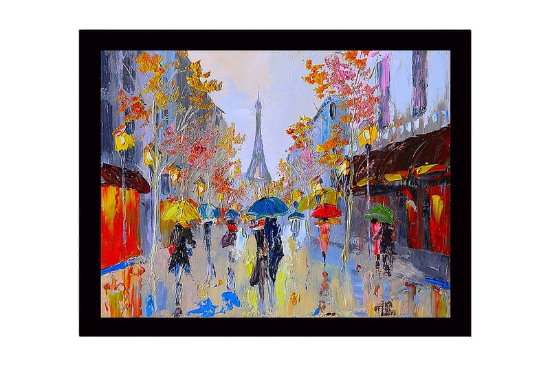 Innrammet lerretsbilde i tre - 41x56 cm - Livlig bybilde med folk som bærer paraplyer i regnet, Gul / Blå / Rød