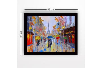 Innrammet lerretsbilde i tre - 41x56 cm - Livlig bybilde med folk som bærer paraplyer i regnet - Gul / Blå / Rød - Interiør - Maleri & posters - Lerretsbilder