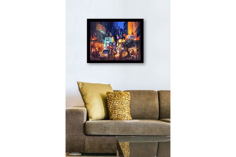 Innrammet lerretsbilde i tre - 41x56 cm - Livlig bybilde med nattlig atmosfære og mennesker i bevegelse - Mørk blå / Oransje / Hvit - Interiør - Maleri & posters - Lerretsbilder