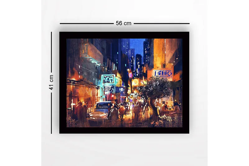 Innrammet lerretsbilde i tre - 41x56 cm - Livlig bybilde med nattlig atmosfære og mennesker i bevegelse - Mørk blå / Oransje / Hvit - Interiør - Maleri & posters - Lerretsbilder