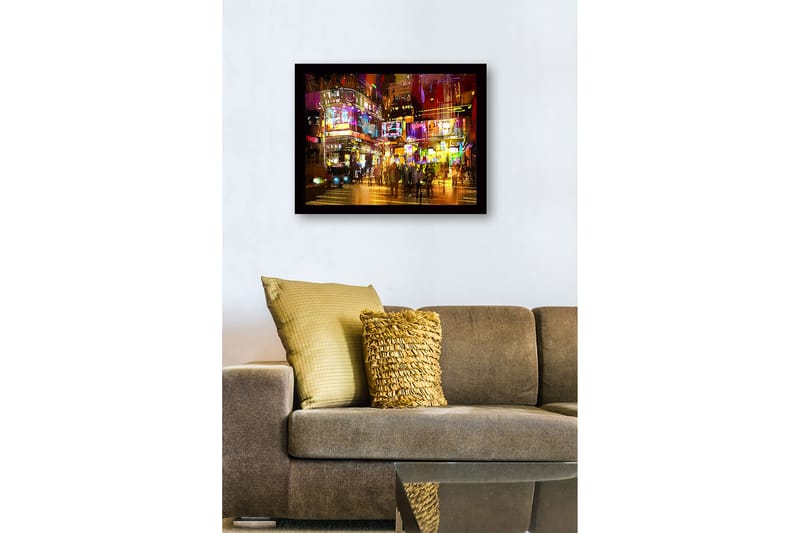 Innrammet lerretsbilde i tre - 41x56 cm - Livlig byscene med neonlys og mennesker i bevegelse - Lilla / Gul / Oransje - Interiør - Maleri & posters - Lerretsbilder
