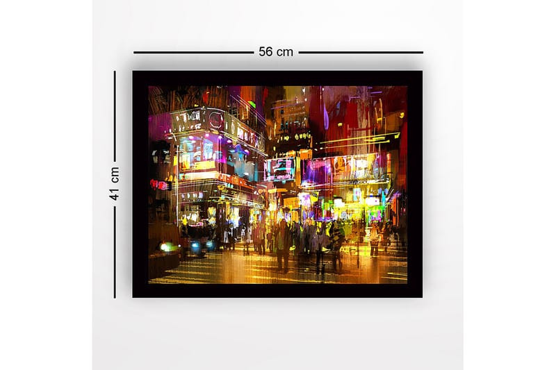 Innrammet lerretsbilde i tre - 41x56 cm - Livlig byscene med neonlys og mennesker i bevegelse - Lilla / Gul / Oransje - Interiør - Maleri & posters - Lerretsbilder